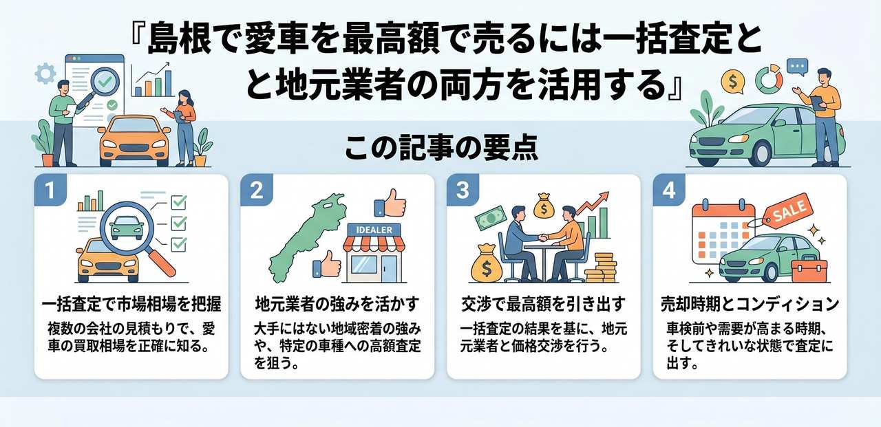 島根で愛車を最高額で売るには一括査定と地元業者の両方を活用するについての解説画像