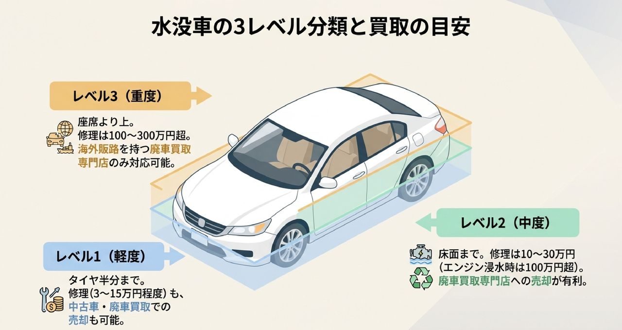 水没車の浸水レベル3分類と買取相場の目安を示した解説図