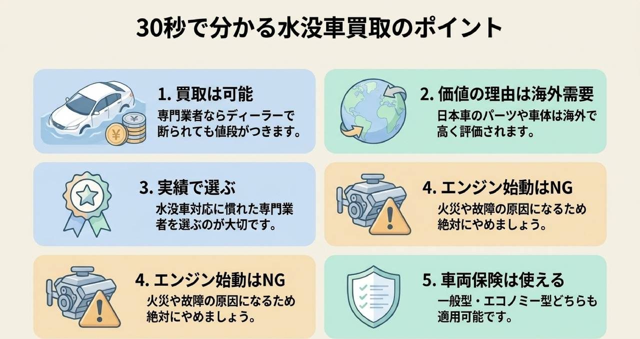 水没車買取の核心ポイントを30秒で整理した解説図
