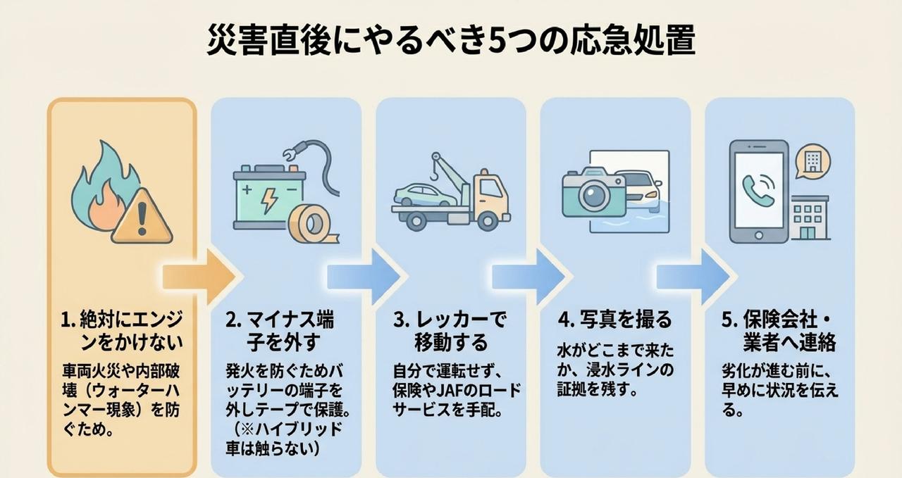 災害直後にやるべき水没車の5つの応急処置を示した手順図