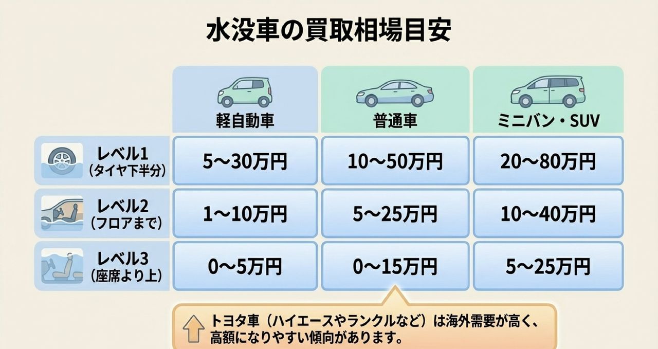 水没車の浸水レベル別・車種別の買取相場目安をまとめた表