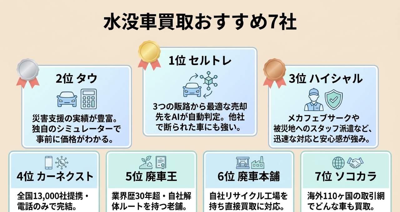 水没車買取おすすめ7社のランキングを比較した一覧画像