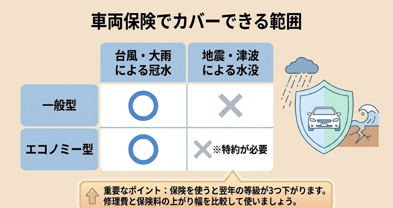 車両保険で水没車をカバーできる範囲を整理した一覧表