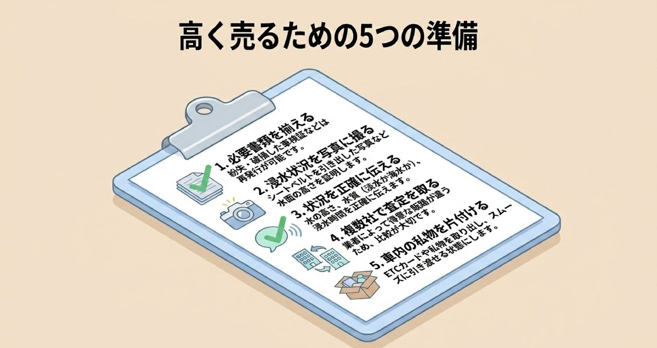 水没車を高く売るための5つの準備ポイントの解説図