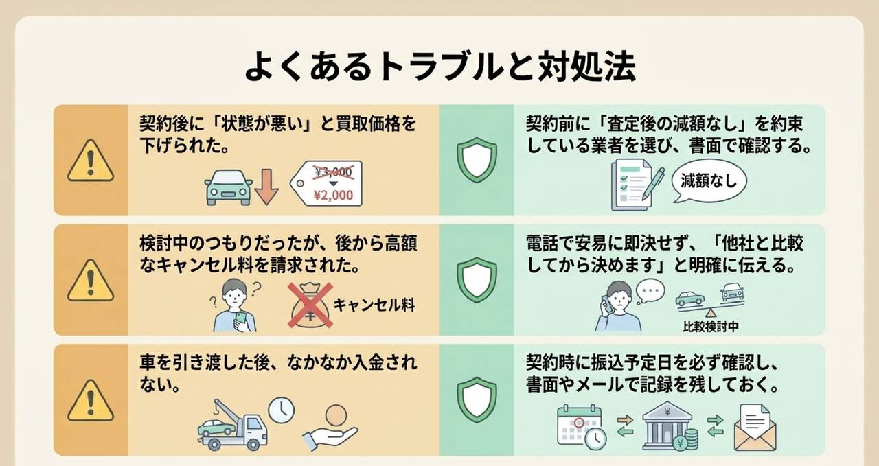 水没車売却でよくあるトラブルと対処法をまとめた解説図