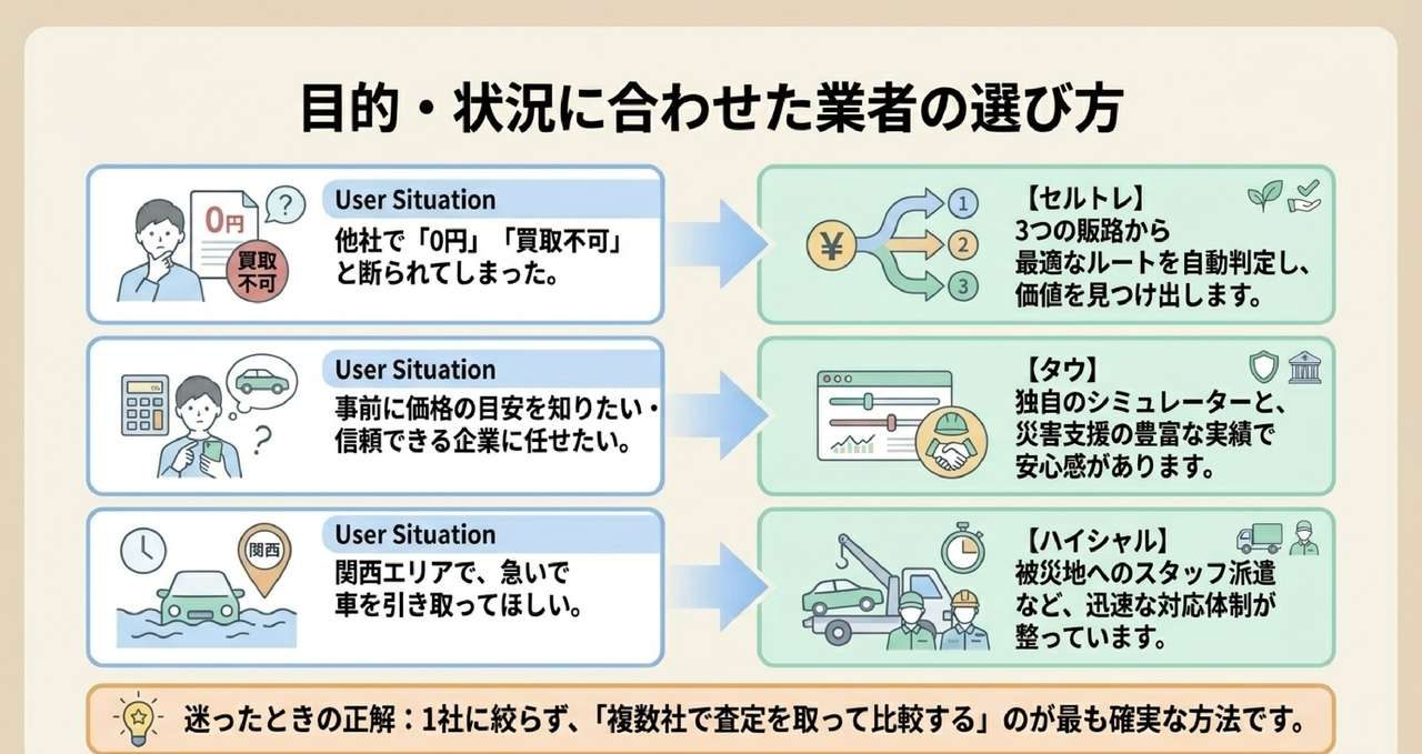 目的・状況別に水没車買取業者を選ぶ方法を整理した解説図