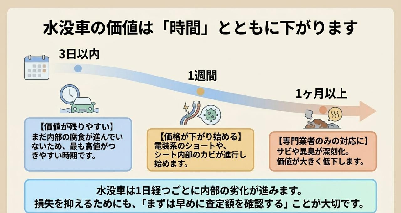 水没車の価値が時間とともに下がる仕組みを示した解説図