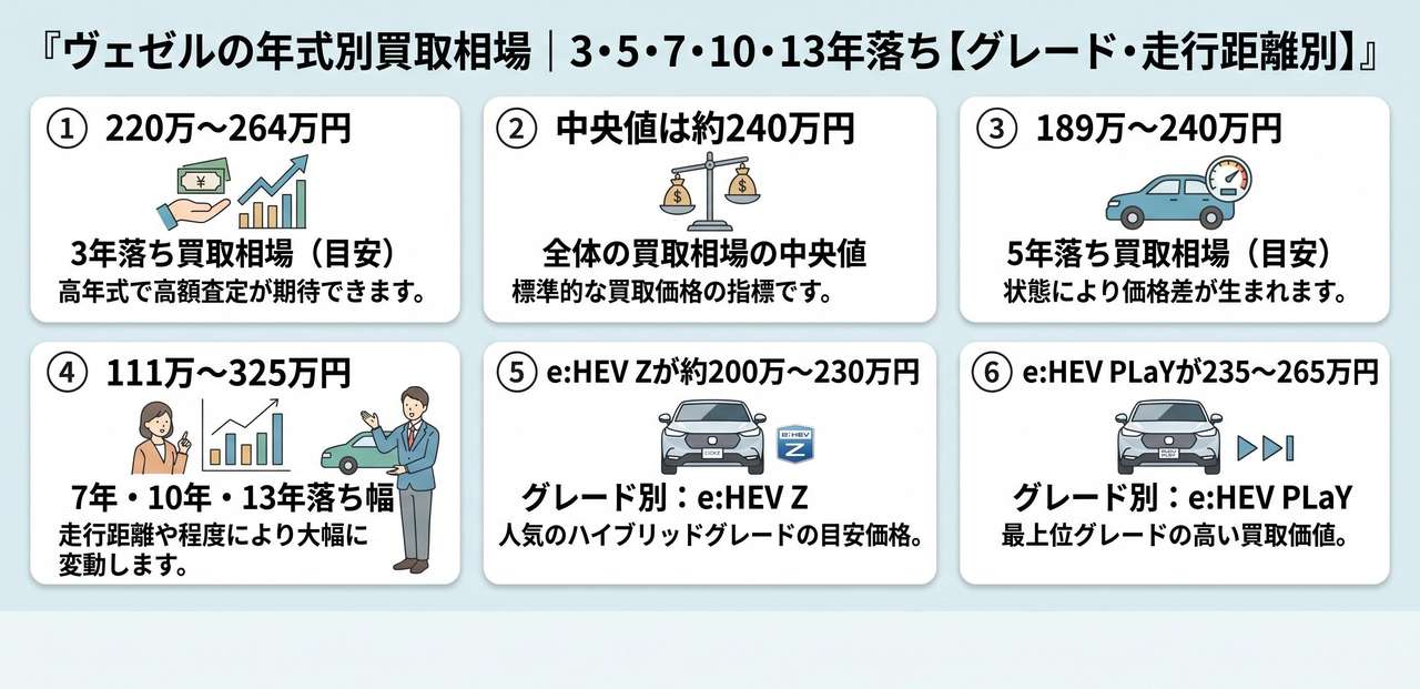 ヴェゼルの年式別買取相場|3・5・7・10・13年落ち【グレード・走行距離別】についての解説画像
