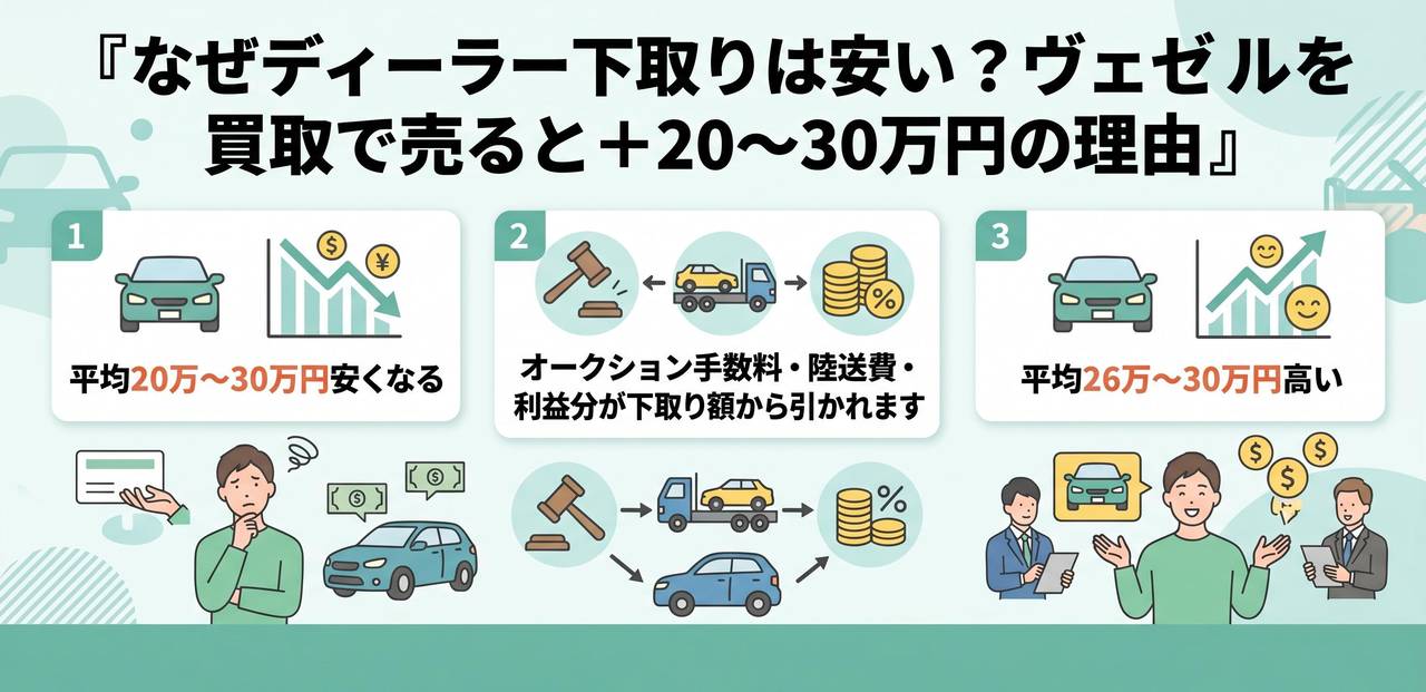 なぜディーラー下取りは安い?ヴェゼルを買取で売ると+20〜30万円の理由についての解説画像