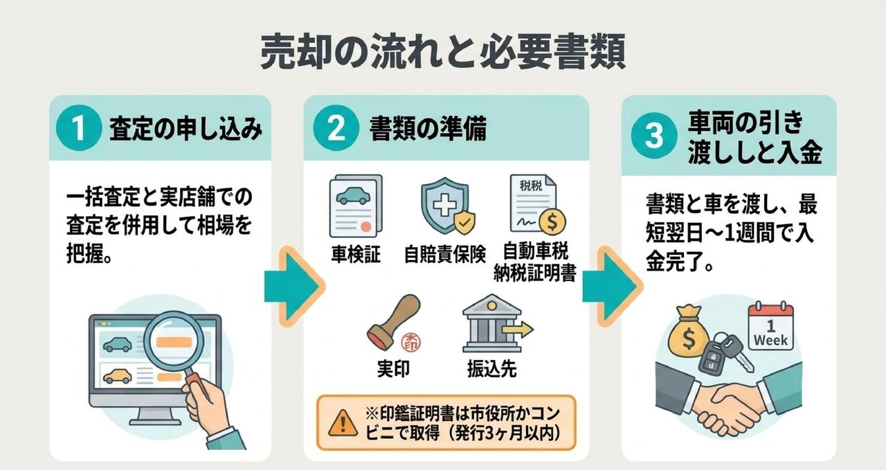 四街道市で車を売却するときの流れと必要書類を示した解説図