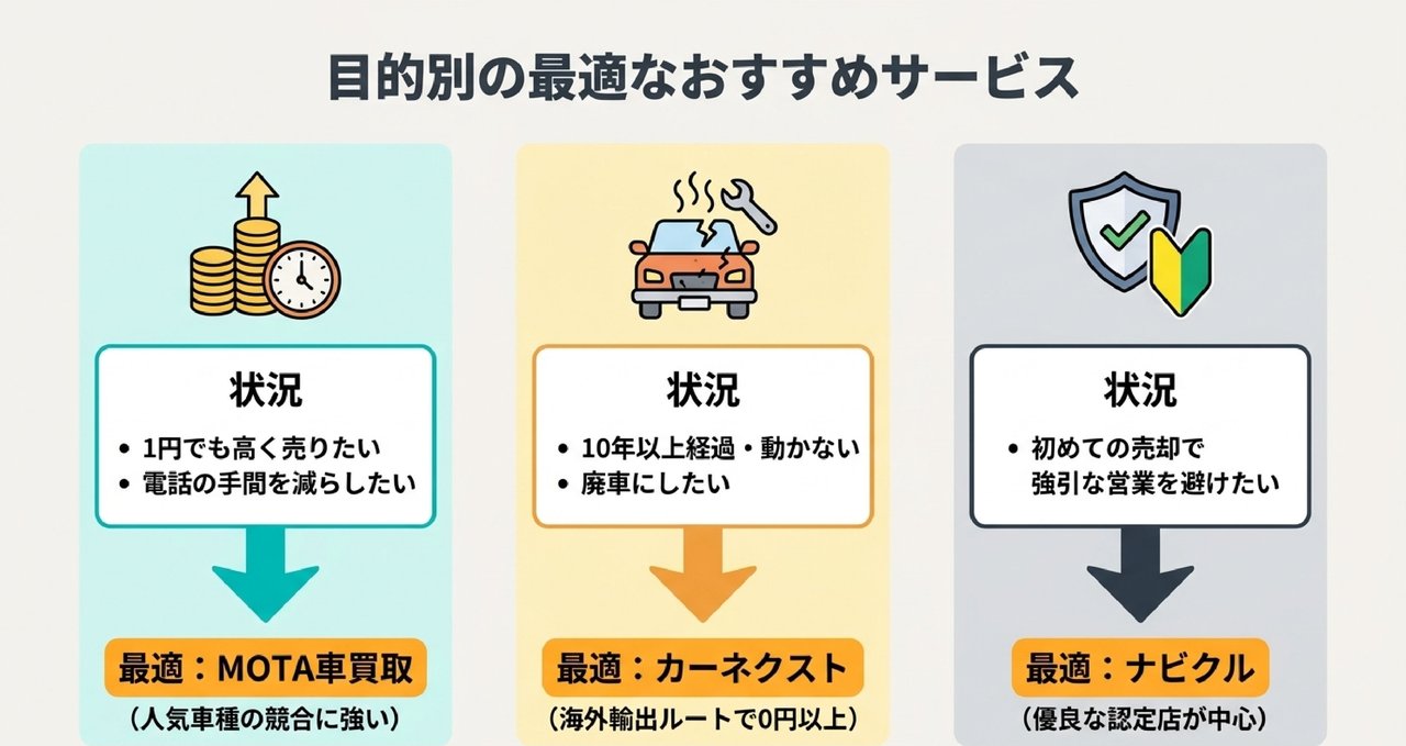 四街道市の売却シーン別おすすめ買取サービスを目的別に整理した解説図