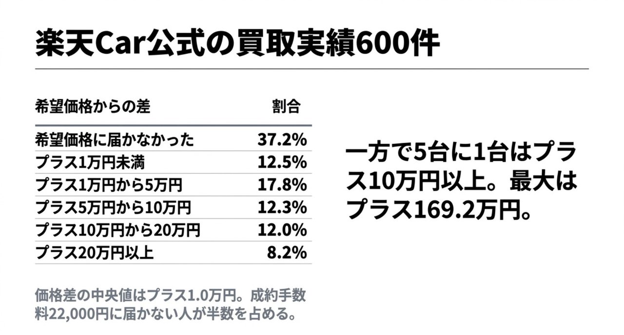 楽天Car公式の買取実績600件における希望価格からの差の分布