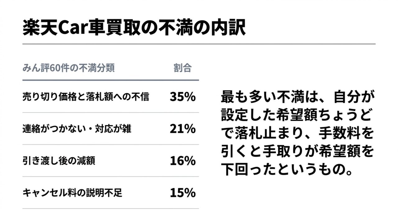 みん評60件を分類した楽天Car車買取の不満の内訳