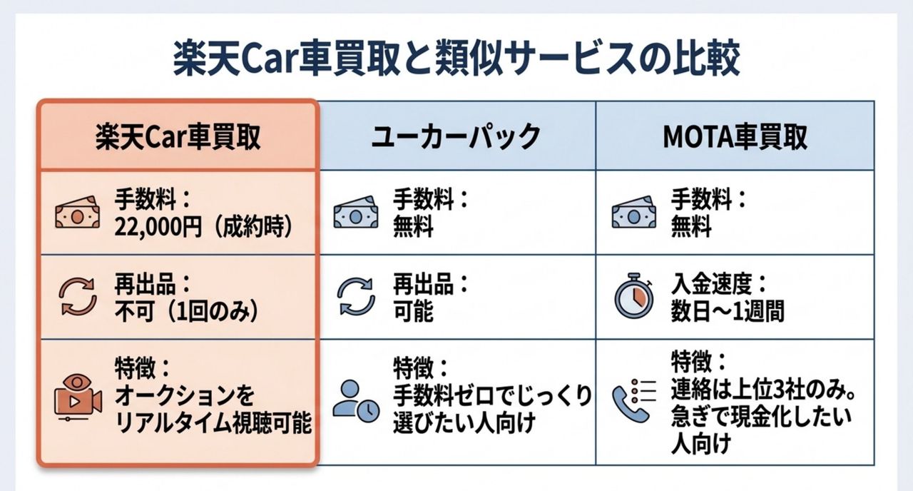 楽天Car車買取とユーカーパック・MOTA車買取の違いの比較