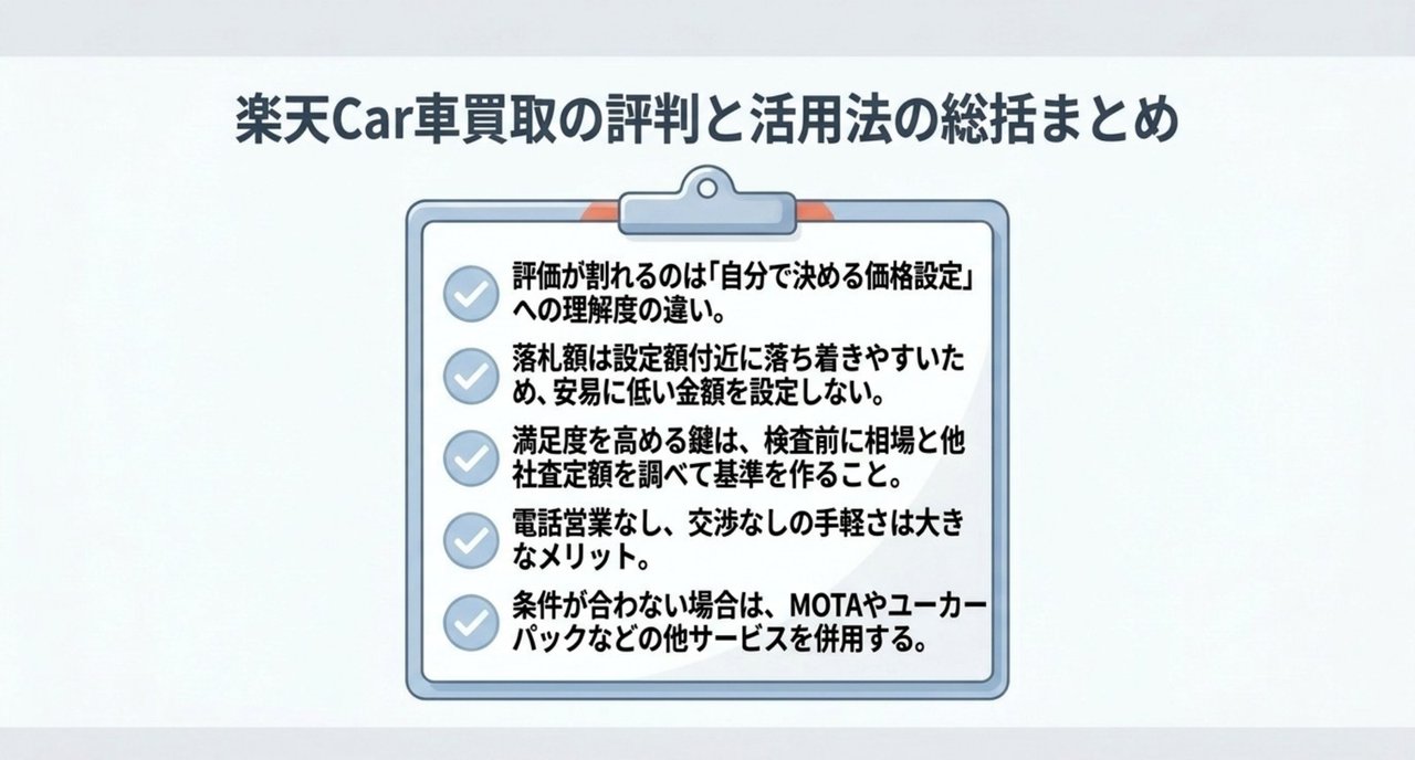 楽天Car車買取の評判と手取りを左右する準備の総括