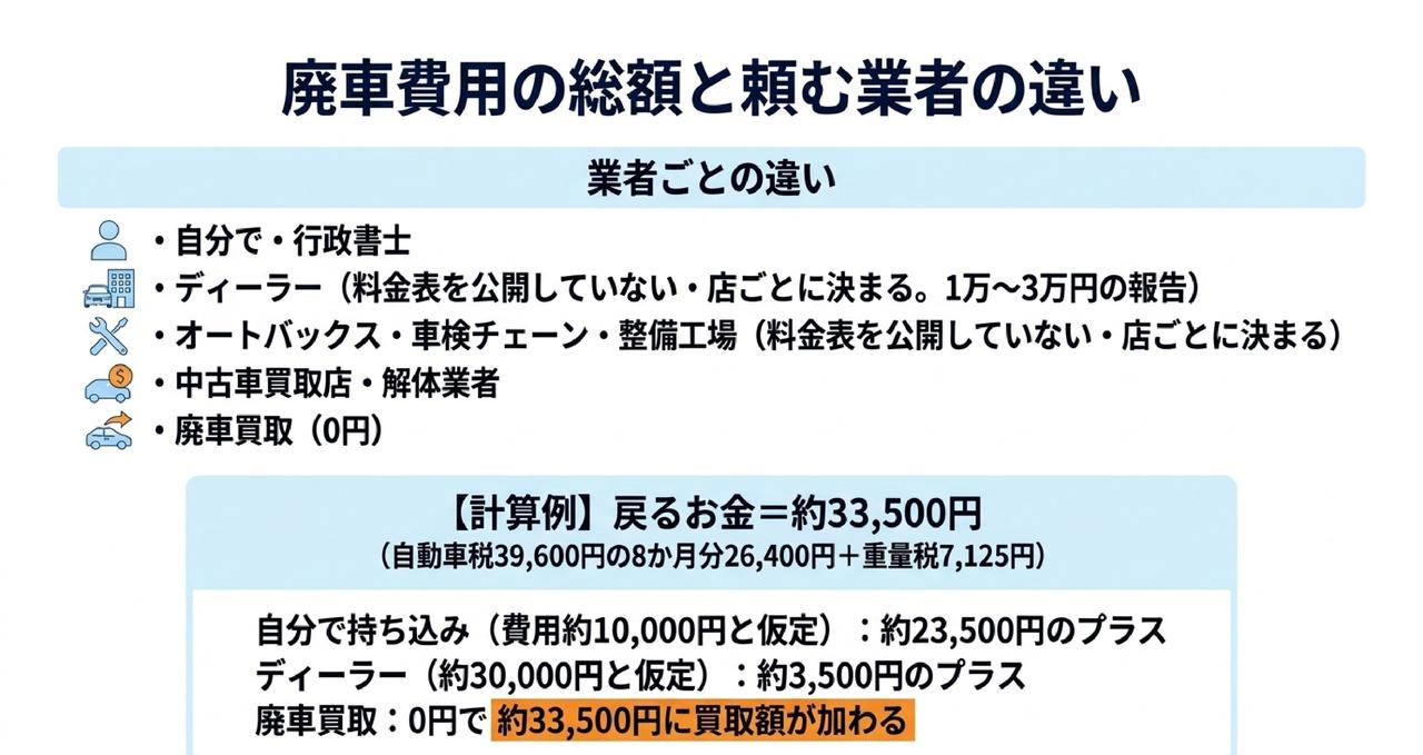 誰に頼むかで総額が変わる｜自分で・ディーラー・車屋さん・解体業者・廃車買取についての解説画像