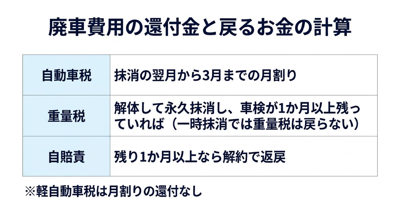 廃車で戻ってくるお金｜自動車税・重量税・自賠責の計算と、いつ戻るかについての解説画像