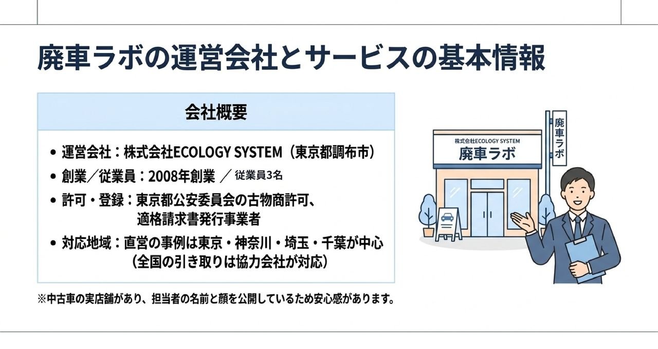 廃車ラボの運営会社と基本情報｜調布市の中古車販売店が2008年から運営についての解説画像
