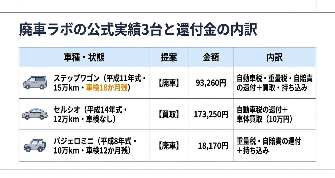 廃車ラボは廃車と買取のどちらで提案される？公式の実績3台で見る還付金の内訳についての解説画像