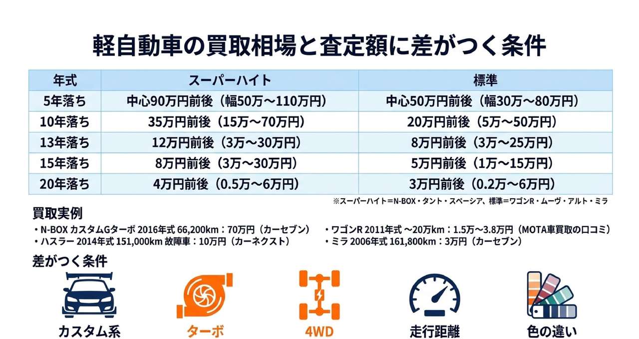 軽自動車の買取相場｜年式別の目安と、同じ年式で差がつく条件についての解説画像