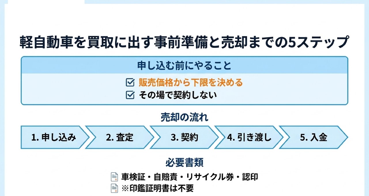 軽自動車を売る流れと、申し込む前にやることについての解説画像