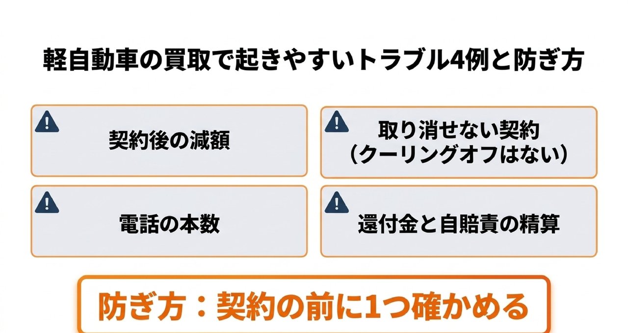軽自動車の買取で起きやすいトラブルと防ぎ方についての解説画像