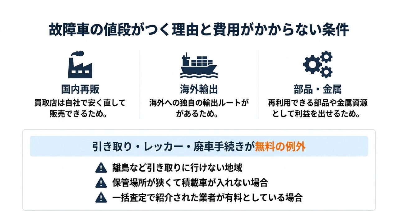 故障車は直さずに売れる｜値段がつく理由と、お金がかからない条件についての解説画像