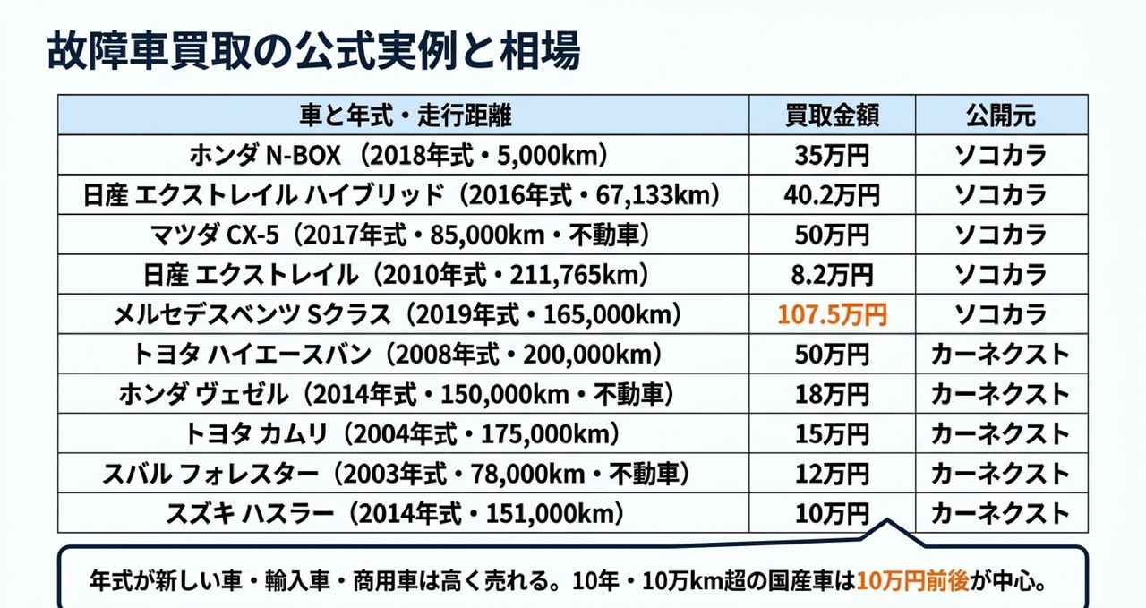 故障車の買取相場｜公式の買取実例で見る値段についての解説画像