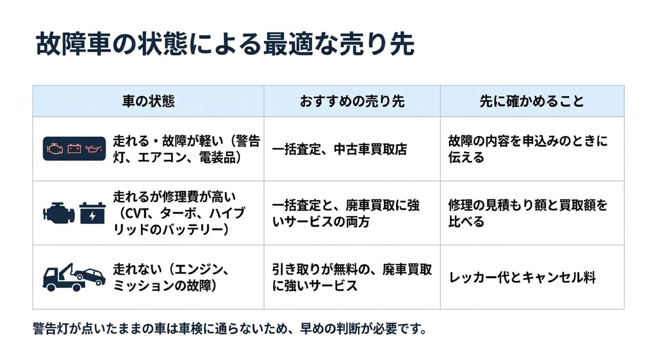 故障の種類で変わる売り先と買取価格についての解説画像