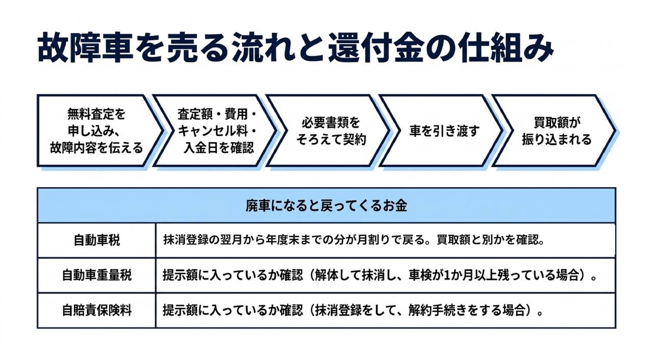 故障車を売る流れと、戻ってくるお金についての解説画像