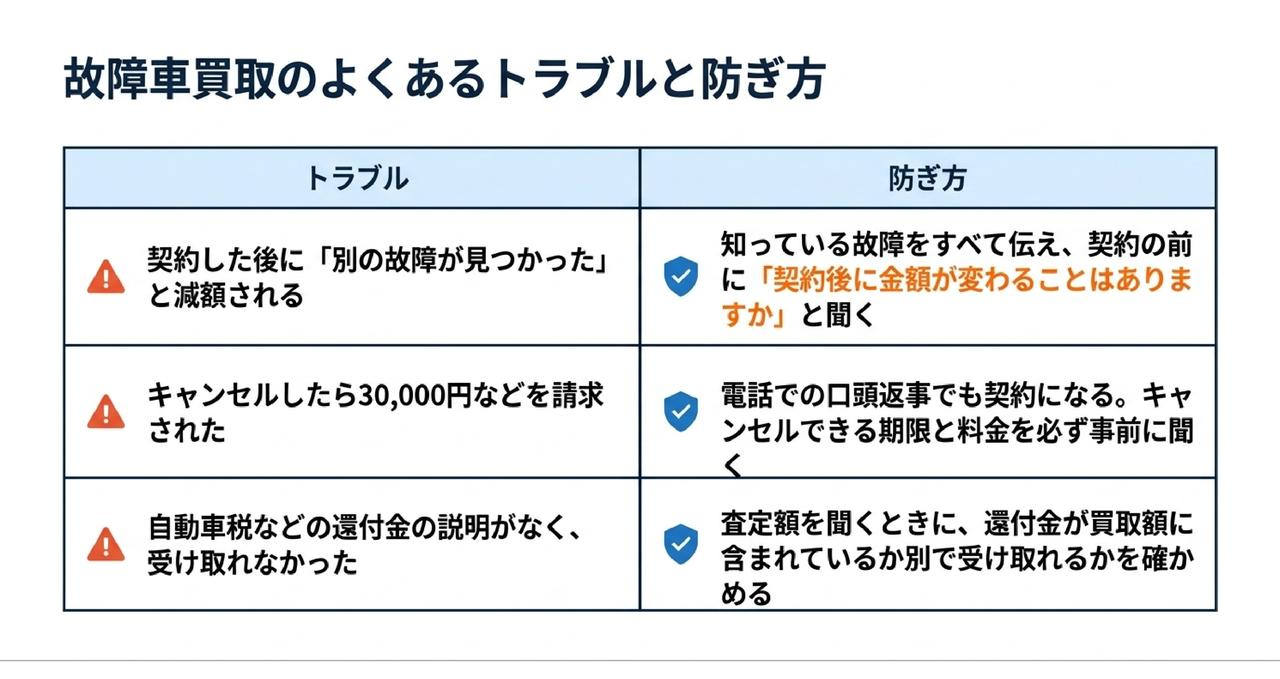 故障車の買取で起きやすい3つのトラブルと防ぎ方についての解説画像