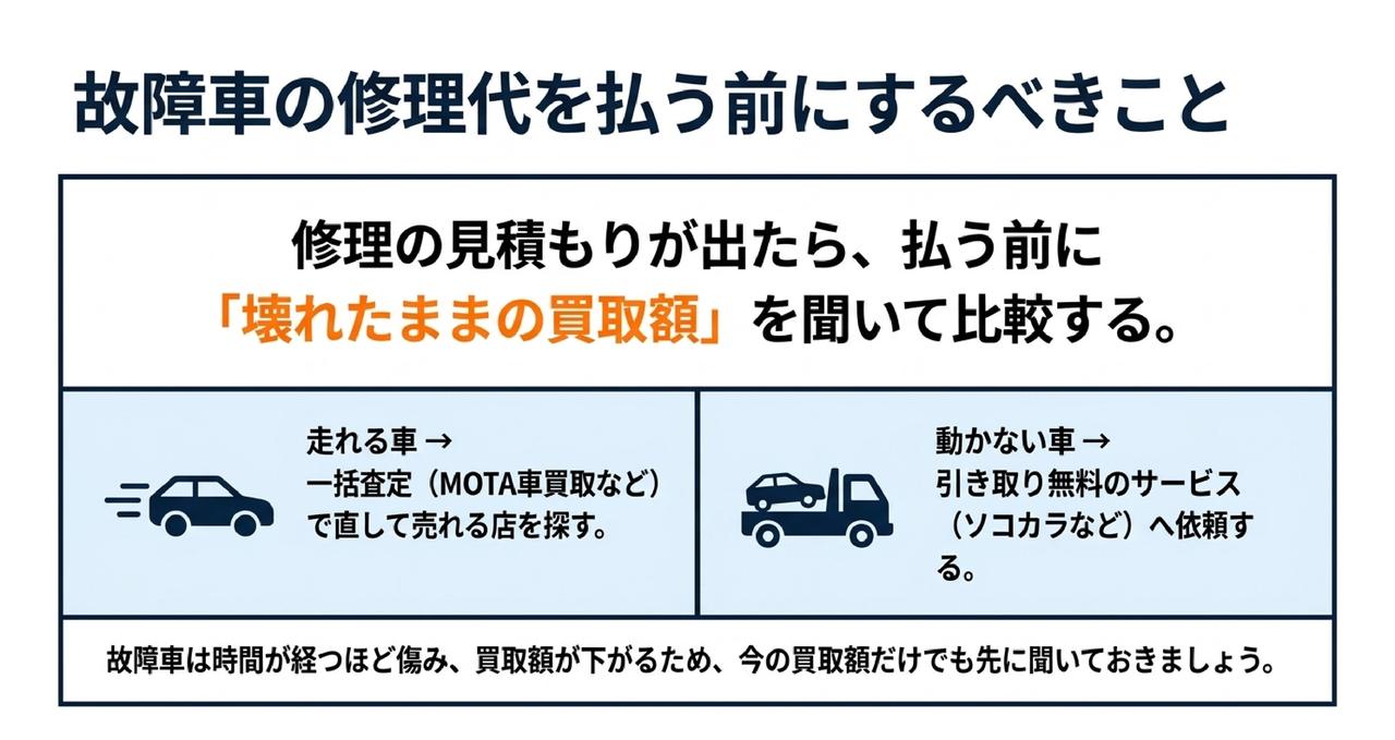故障車は修理代を払う前に、壊れたままの値段を聞くのが正解についての解説画像