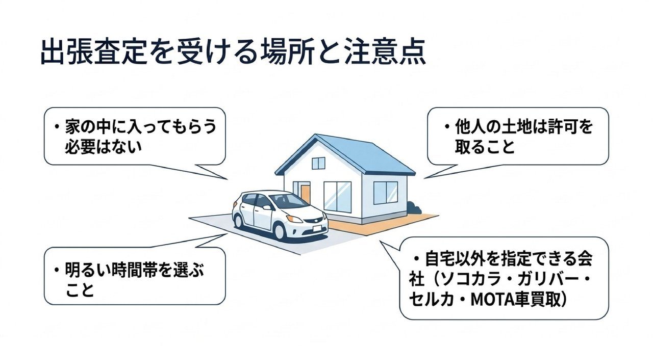 出張査定はどこで受けるか｜家の中に入るのか・自宅以外・雨の日についての解説画像