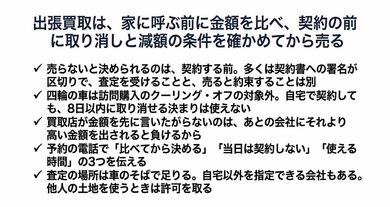 出張買取は、家に呼ぶ前に金額を比べ、契約の前に取り消しと減額の条件を確かめてから売るについての解説画像