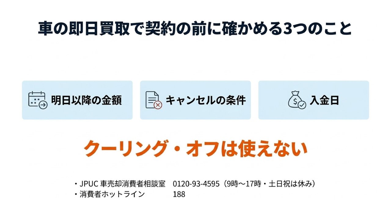 即日の車買取で損をしないために｜契約の前に確かめる入金日とキャンセルについての解説画像
